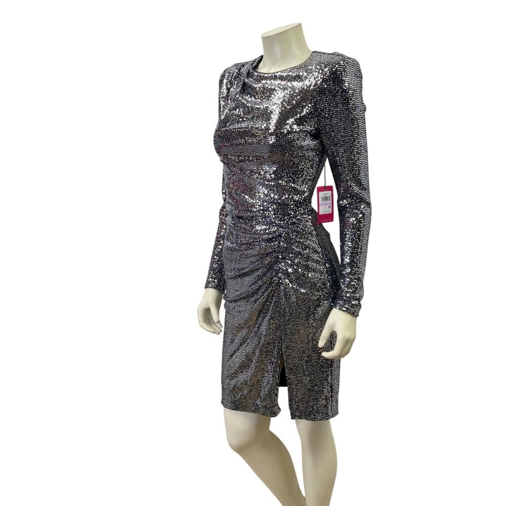 Vince Camuto‎ Silver Long Sleeve Sequin Ruched Dress Women's Evening Partywear 6 - Picture 2 of 11